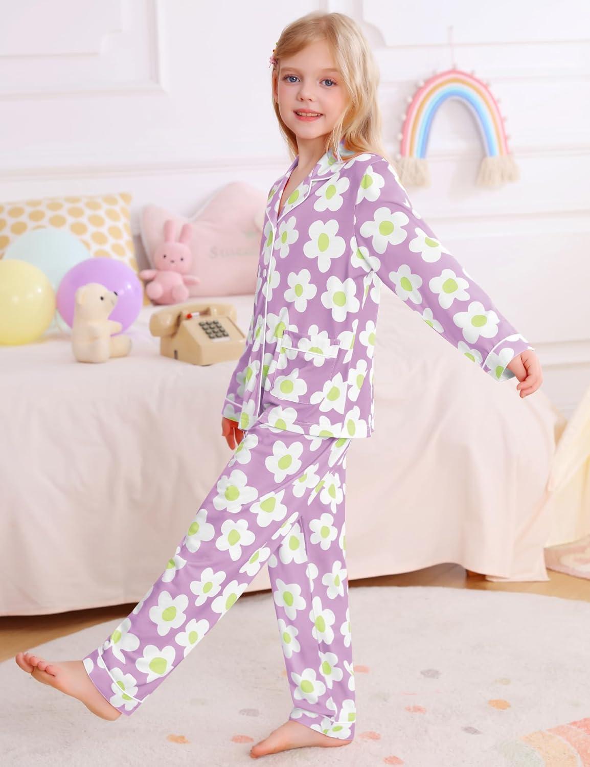 imageSWOMOG Girls Pajamas Set Kids Button Down Cute Print Pjs Sets Pant 2 Piece Soft Long Sleeve Sleepwear LoungewearLavender Flower