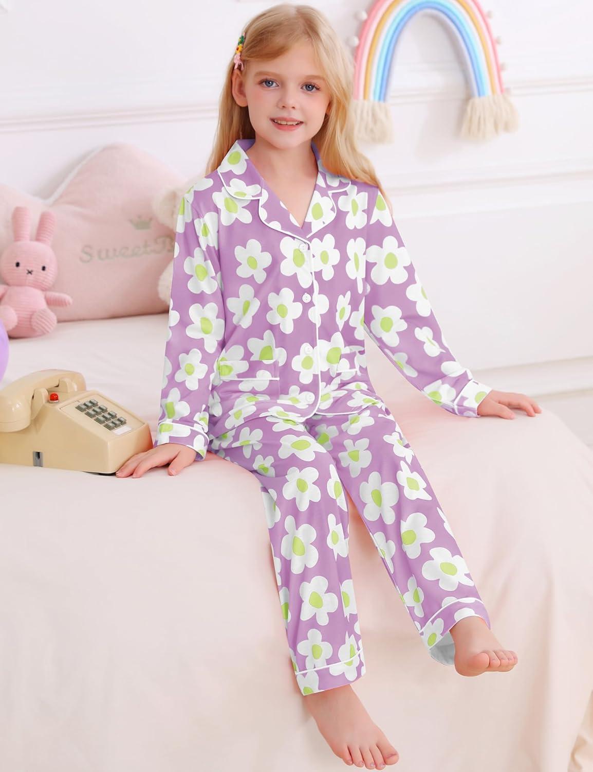 imageSWOMOG Girls Pajamas Set Kids Button Down Cute Print Pjs Sets Pant 2 Piece Soft Long Sleeve Sleepwear LoungewearLavender Flower