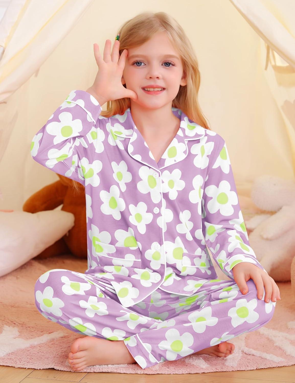 imageSWOMOG Girls Pajamas Set Kids Button Down Cute Print Pjs Sets Pant 2 Piece Soft Long Sleeve Sleepwear LoungewearLavender Flower