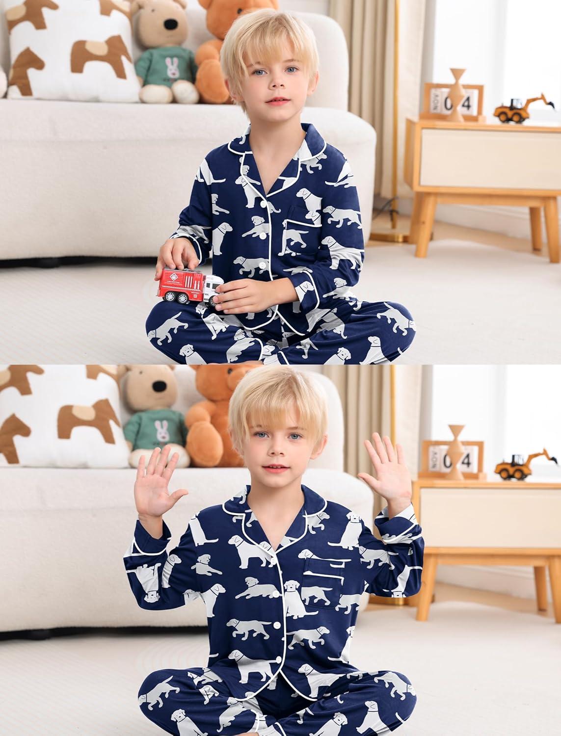 imageSWOMOG Girls Pajamas Set Kids Button Down Cute Print Pjs Sets Pant 2 Piece Soft Long Sleeve Sleepwear LoungewearNavy Blue Dogs