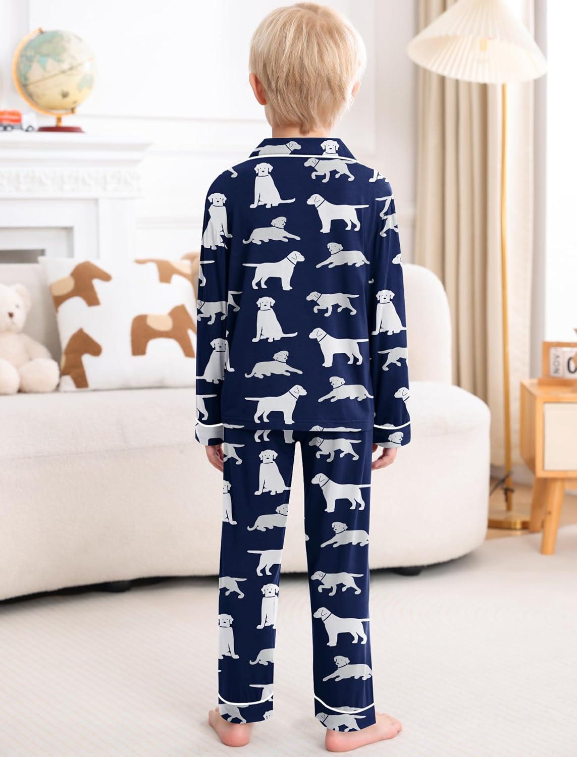 imageSWOMOG Girls Pajamas Set Kids Button Down Cute Print Pjs Sets Pant 2 Piece Soft Long Sleeve Sleepwear LoungewearNavy Blue Dogs