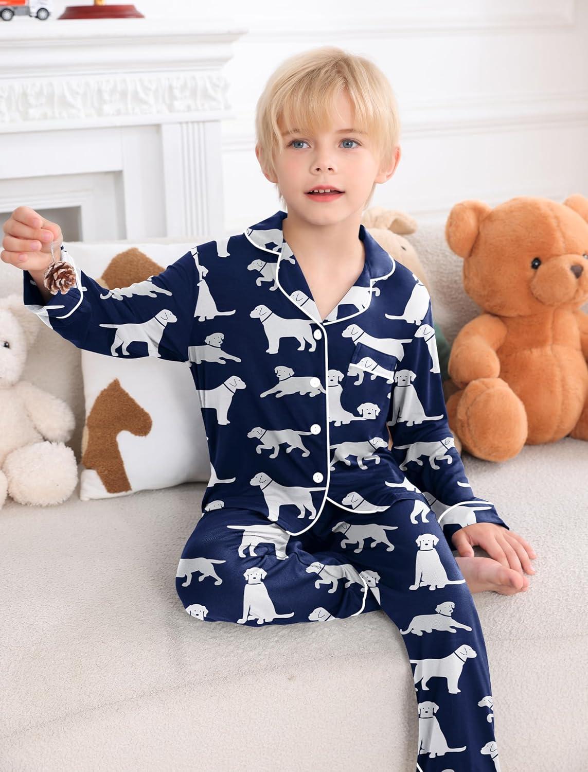 imageSWOMOG Girls Pajamas Set Kids Button Down Cute Print Pjs Sets Pant 2 Piece Soft Long Sleeve Sleepwear LoungewearNavy Blue Dogs