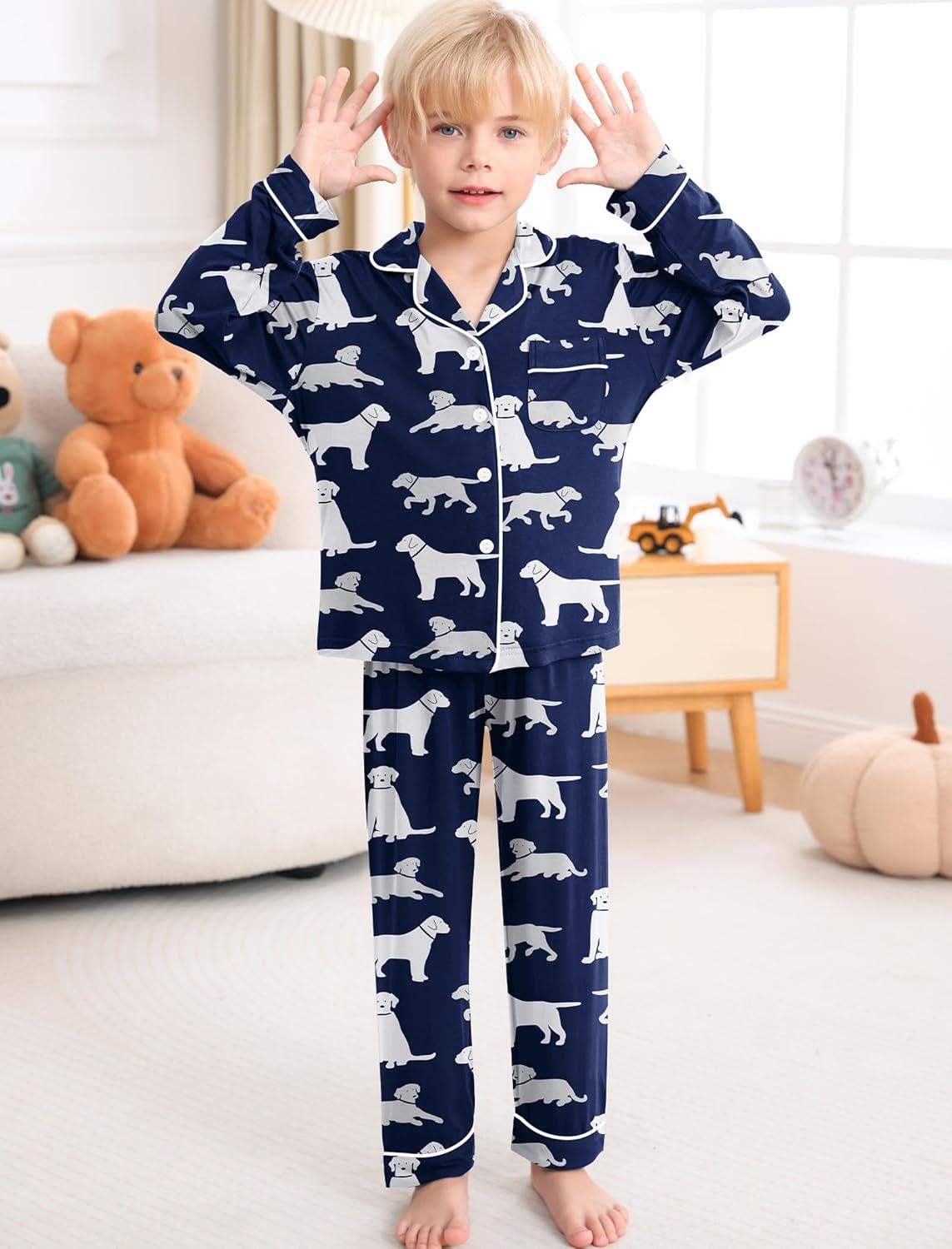 imageSWOMOG Girls Pajamas Set Kids Button Down Cute Print Pjs Sets Pant 2 Piece Soft Long Sleeve Sleepwear LoungewearNavy Blue Dogs