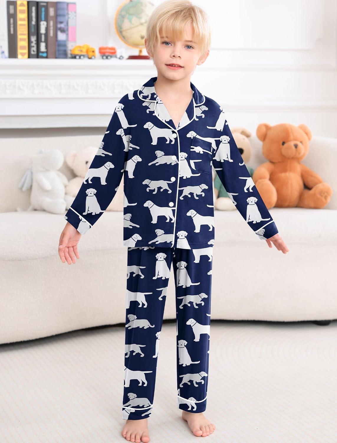 imageSWOMOG Girls Pajamas Set Kids Button Down Cute Print Pjs Sets Pant 2 Piece Soft Long Sleeve Sleepwear LoungewearNavy Blue Dogs