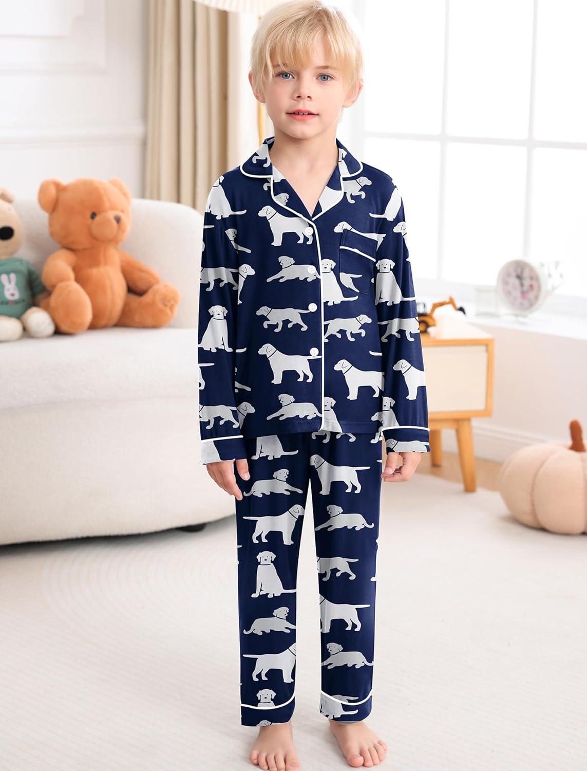 imageSWOMOG Girls Pajamas Set Kids Button Down Cute Print Pjs Sets Pant 2 Piece Soft Long Sleeve Sleepwear LoungewearNavy Blue Dogs