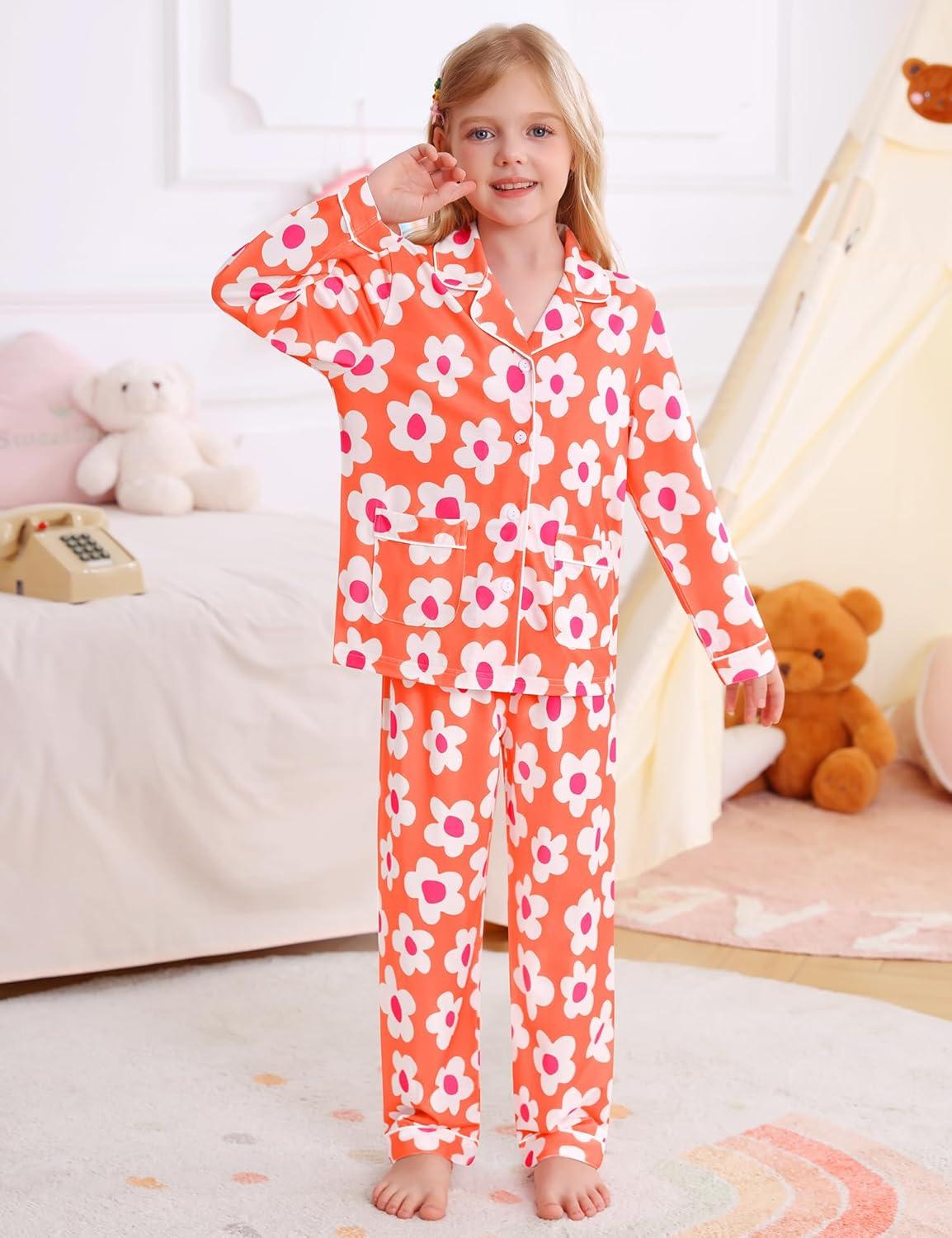 imageSWOMOG Girls Pajamas Set Kids Button Down Cute Print Pjs Sets Pant 2 Piece Soft Long Sleeve Sleepwear LoungewearOrange Flower