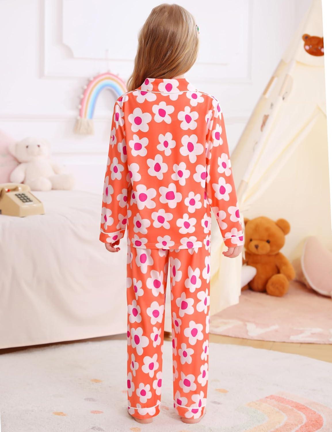 imageSWOMOG Girls Pajamas Set Kids Button Down Cute Print Pjs Sets Pant 2 Piece Soft Long Sleeve Sleepwear LoungewearOrange Flower