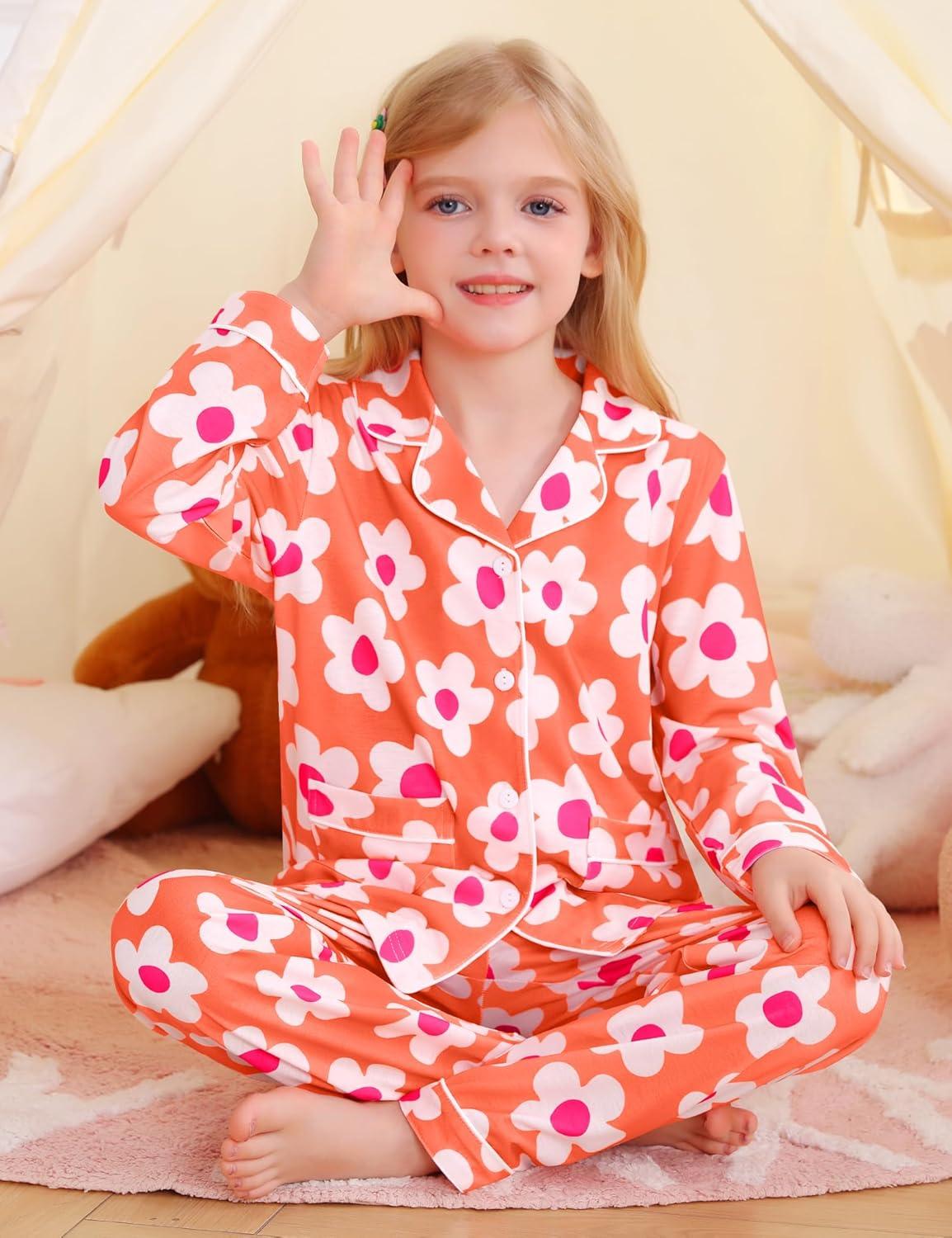 imageSWOMOG Girls Pajamas Set Kids Button Down Cute Print Pjs Sets Pant 2 Piece Soft Long Sleeve Sleepwear LoungewearOrange Flower
