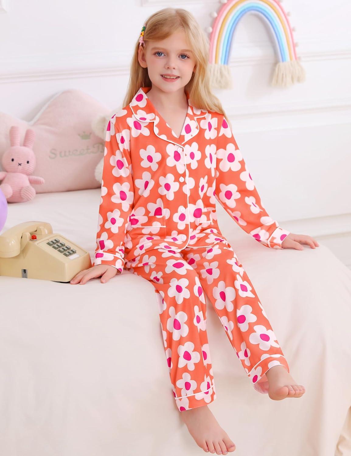 imageSWOMOG Girls Pajamas Set Kids Button Down Cute Print Pjs Sets Pant 2 Piece Soft Long Sleeve Sleepwear LoungewearOrange Flower