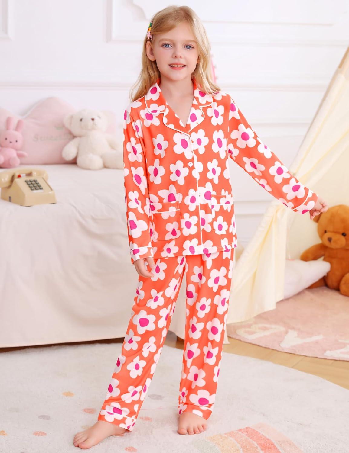 imageSWOMOG Girls Pajamas Set Kids Button Down Cute Print Pjs Sets Pant 2 Piece Soft Long Sleeve Sleepwear LoungewearOrange Flower