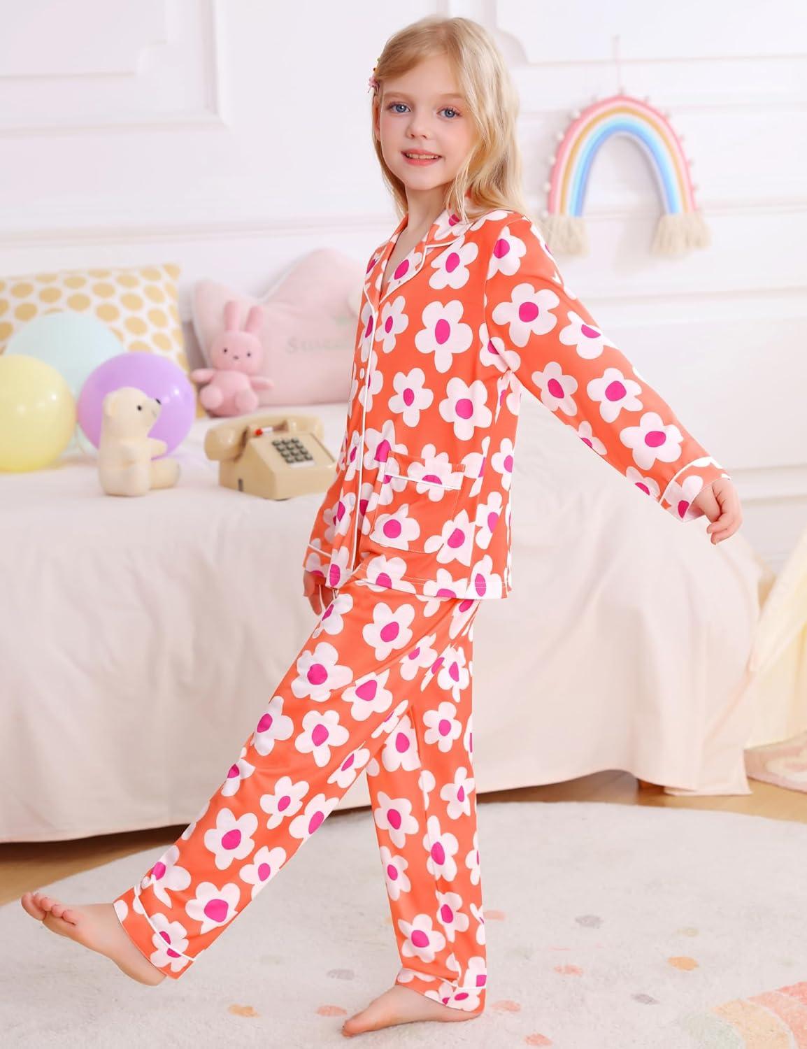 imageSWOMOG Girls Pajamas Set Kids Button Down Cute Print Pjs Sets Pant 2 Piece Soft Long Sleeve Sleepwear LoungewearOrange Flower