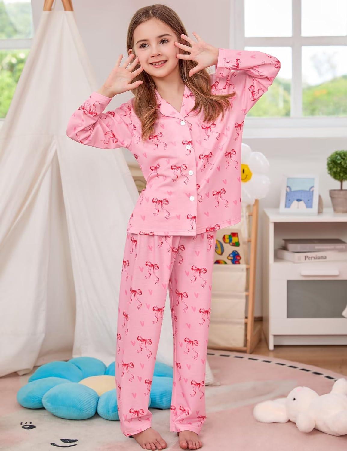 imageSWOMOG Girls Pajamas Set Kids Button Down Cute Print Pjs Sets Pant 2 Piece Soft Long Sleeve Sleepwear LoungewearPink Bow