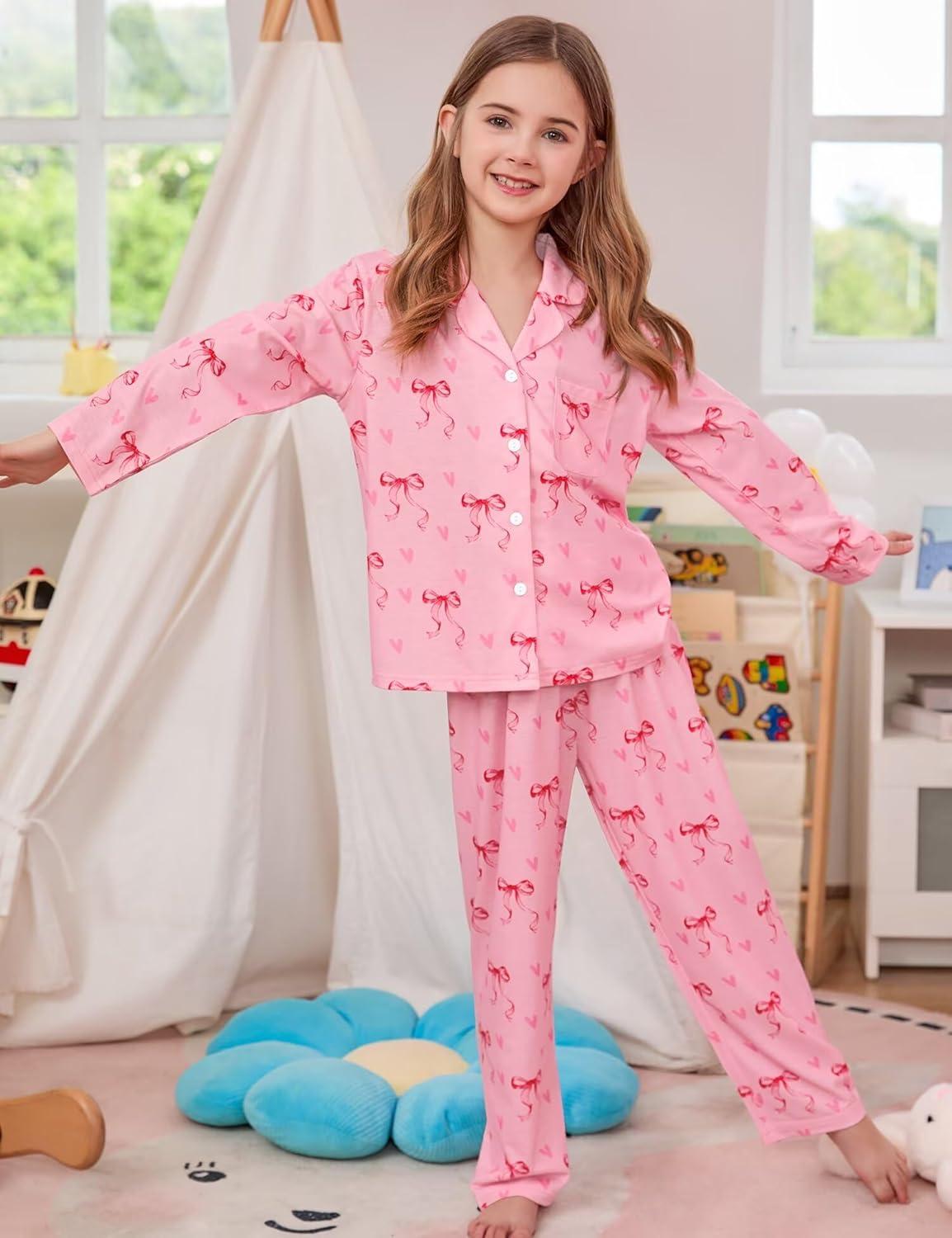 imageSWOMOG Girls Pajamas Set Kids Button Down Cute Print Pjs Sets Pant 2 Piece Soft Long Sleeve Sleepwear LoungewearPink Bow