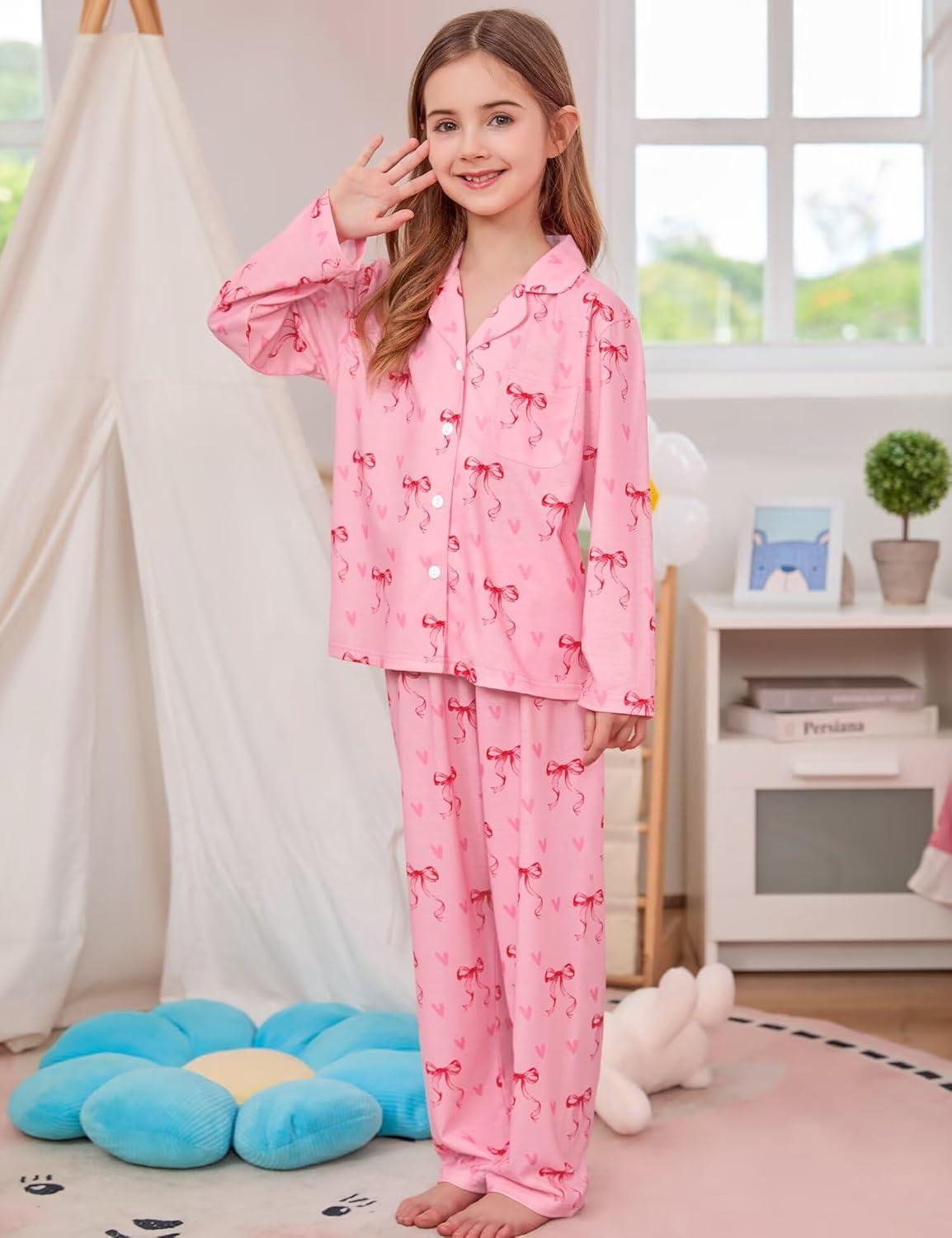 imageSWOMOG Girls Pajamas Set Kids Button Down Cute Print Pjs Sets Pant 2 Piece Soft Long Sleeve Sleepwear LoungewearPink Bow