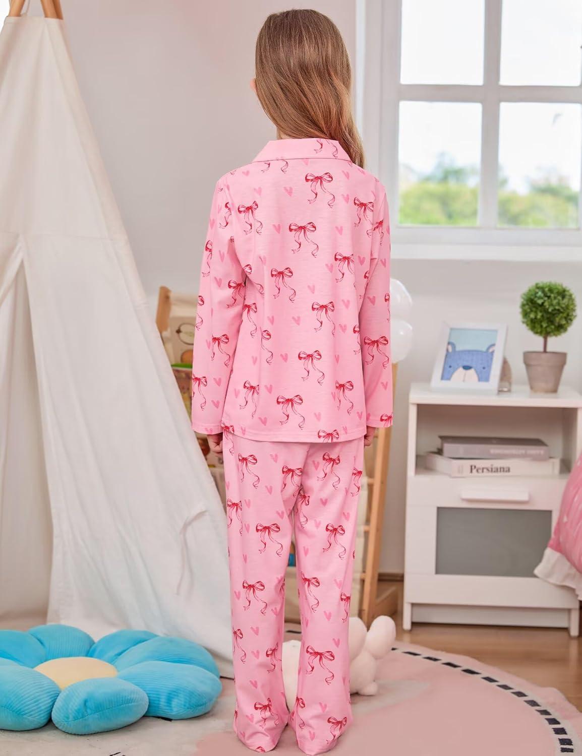 imageSWOMOG Girls Pajamas Set Kids Button Down Cute Print Pjs Sets Pant 2 Piece Soft Long Sleeve Sleepwear LoungewearPink Bow