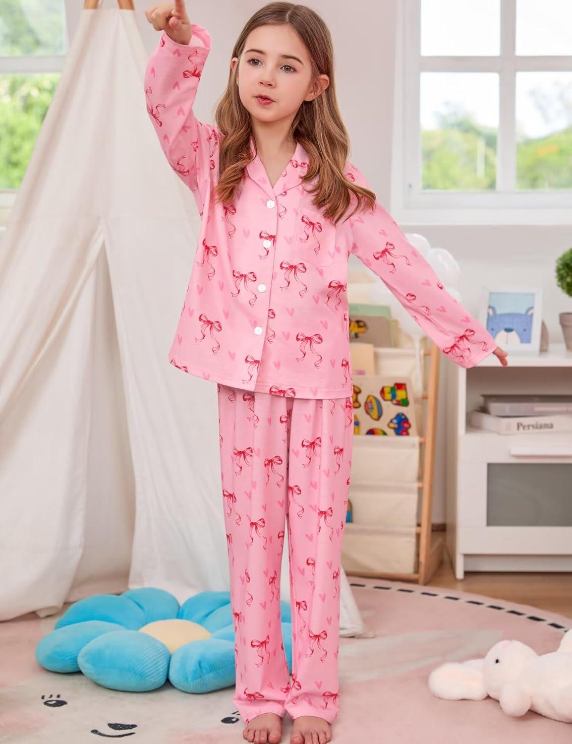 imageSWOMOG Girls Pajamas Set Kids Button Down Cute Print Pjs Sets Pant 2 Piece Soft Long Sleeve Sleepwear LoungewearPink Bow