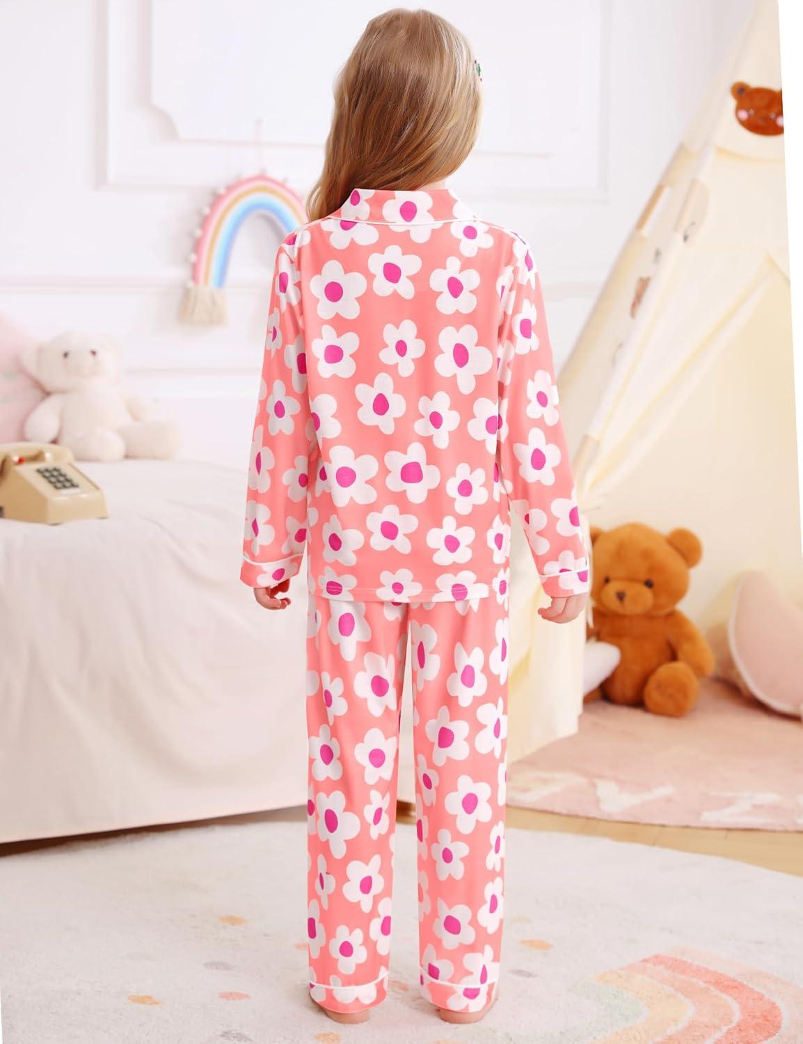 imageSWOMOG Girls Pajamas Set Kids Button Down Cute Print Pjs Sets Pant 2 Piece Soft Long Sleeve Sleepwear LoungewearPink Flower