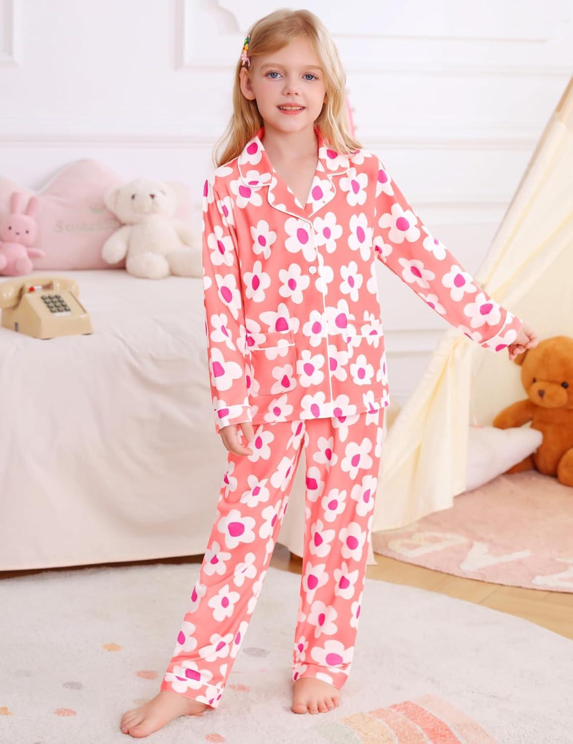 imageSWOMOG Girls Pajamas Set Kids Button Down Cute Print Pjs Sets Pant 2 Piece Soft Long Sleeve Sleepwear LoungewearPink Flower