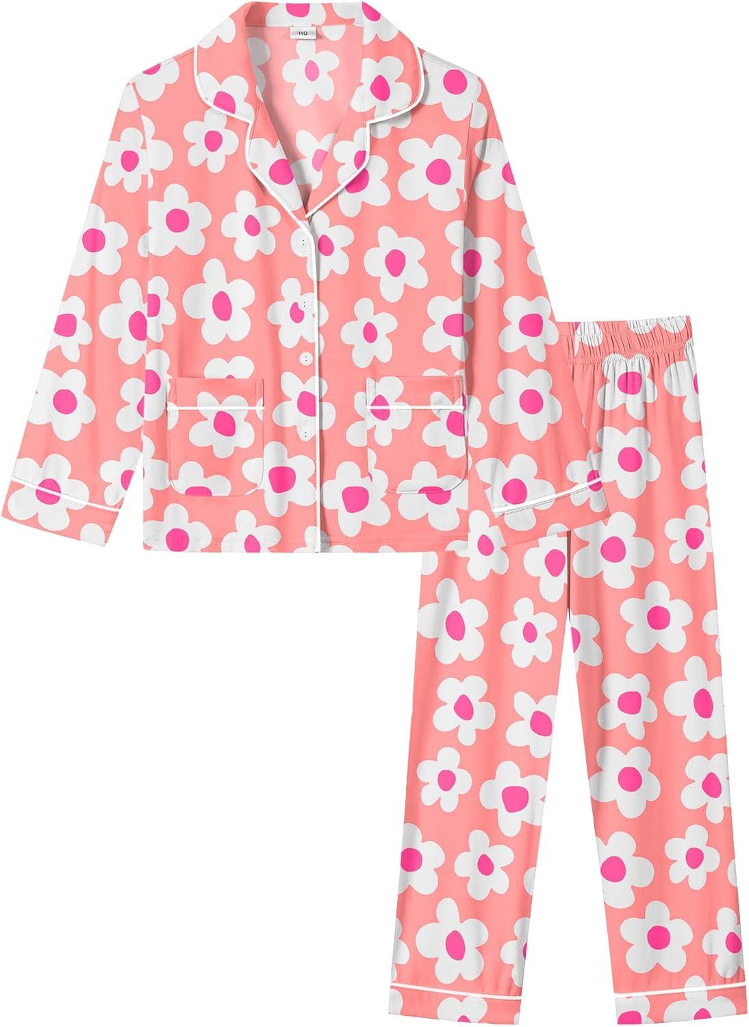 imageSWOMOG Girls Pajamas Set Kids Button Down Cute Print Pjs Sets Pant 2 Piece Soft Long Sleeve Sleepwear LoungewearPink Flower
