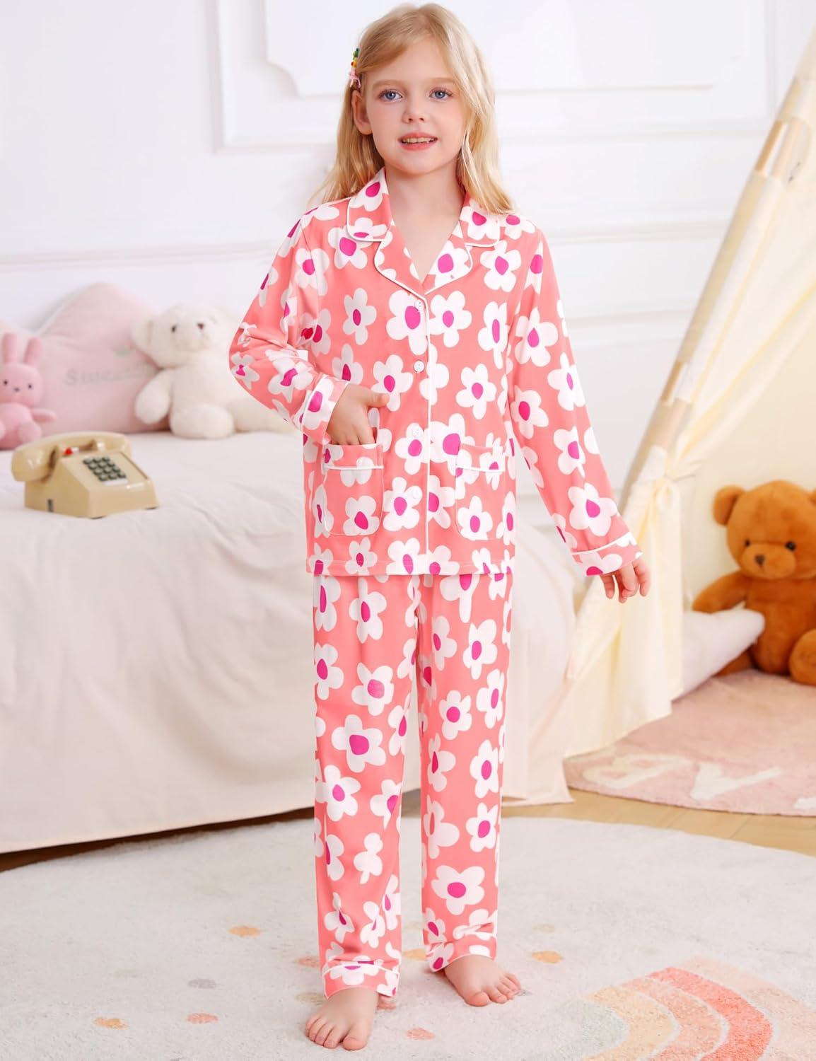 imageSWOMOG Girls Pajamas Set Kids Button Down Cute Print Pjs Sets Pant 2 Piece Soft Long Sleeve Sleepwear LoungewearPink Flower