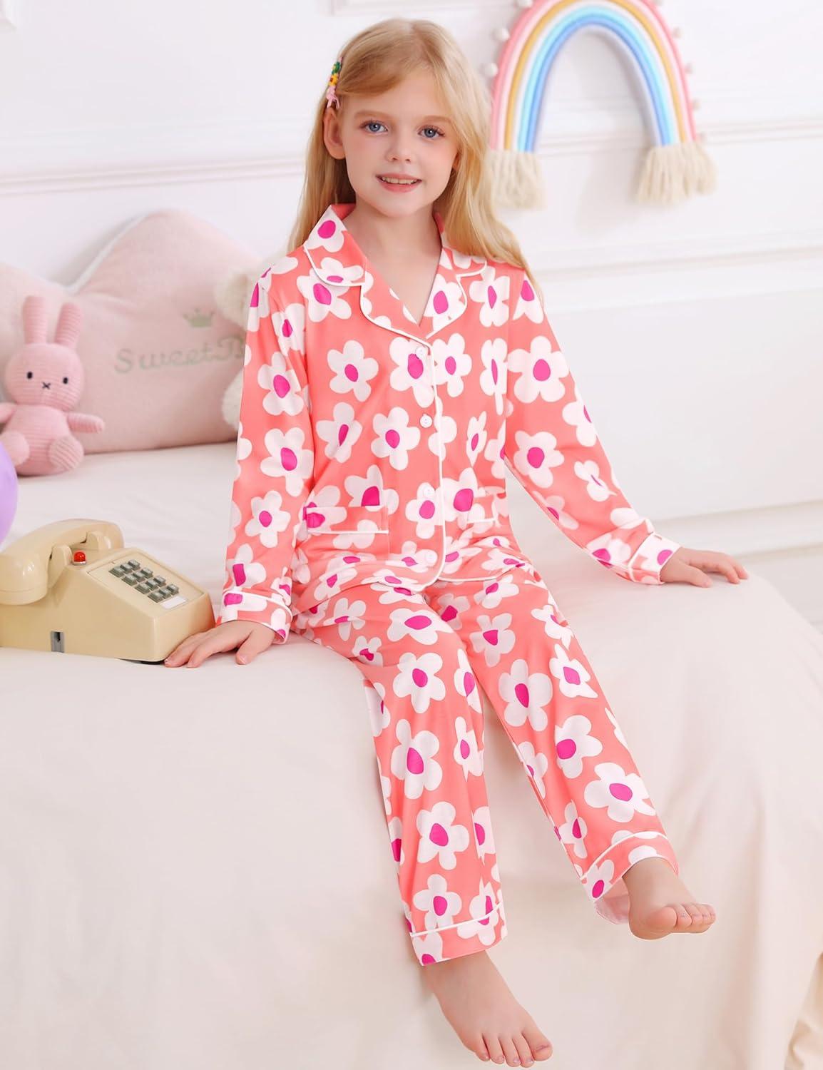 imageSWOMOG Girls Pajamas Set Kids Button Down Cute Print Pjs Sets Pant 2 Piece Soft Long Sleeve Sleepwear LoungewearPink Flower