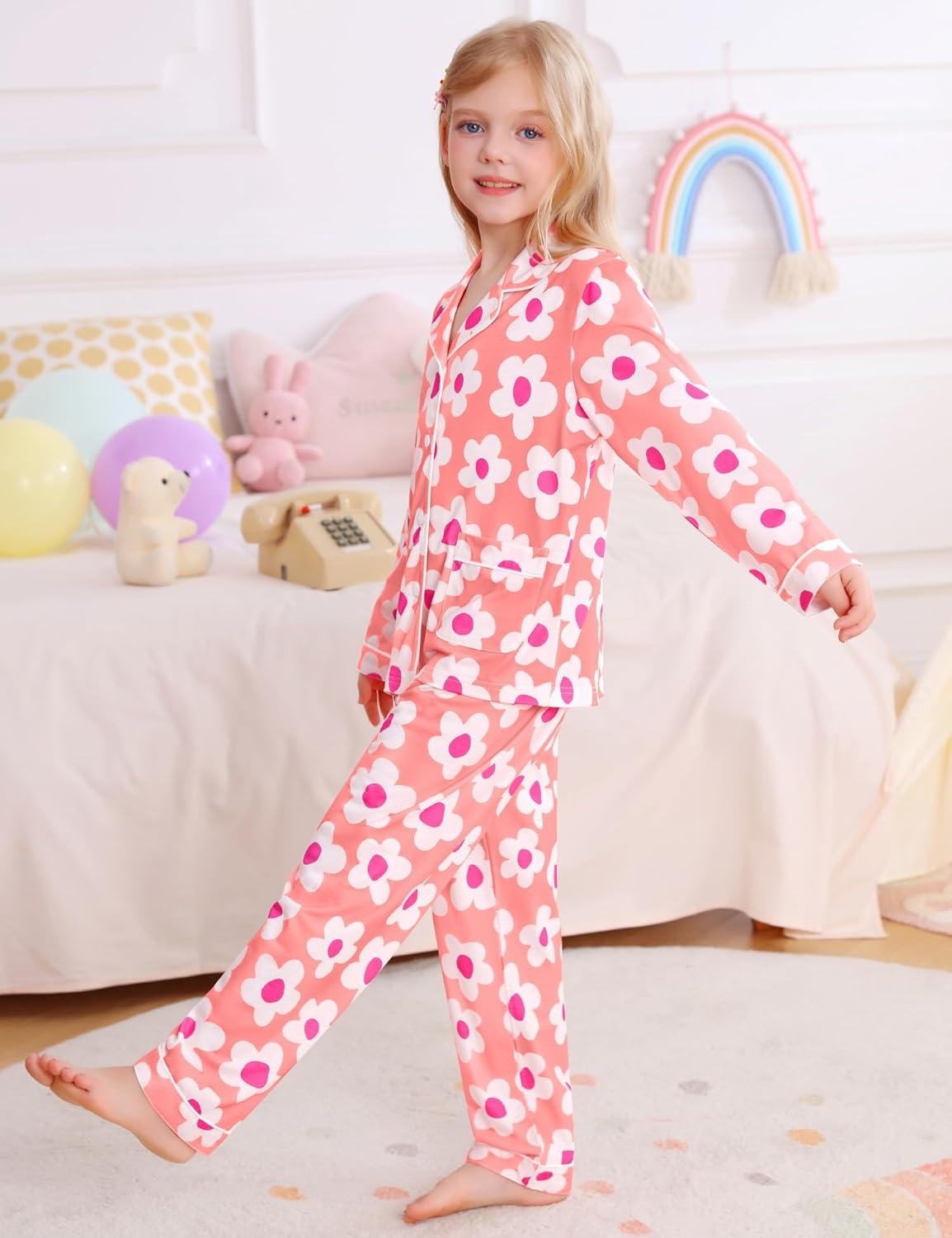 imageSWOMOG Girls Pajamas Set Kids Button Down Cute Print Pjs Sets Pant 2 Piece Soft Long Sleeve Sleepwear LoungewearPink Flower