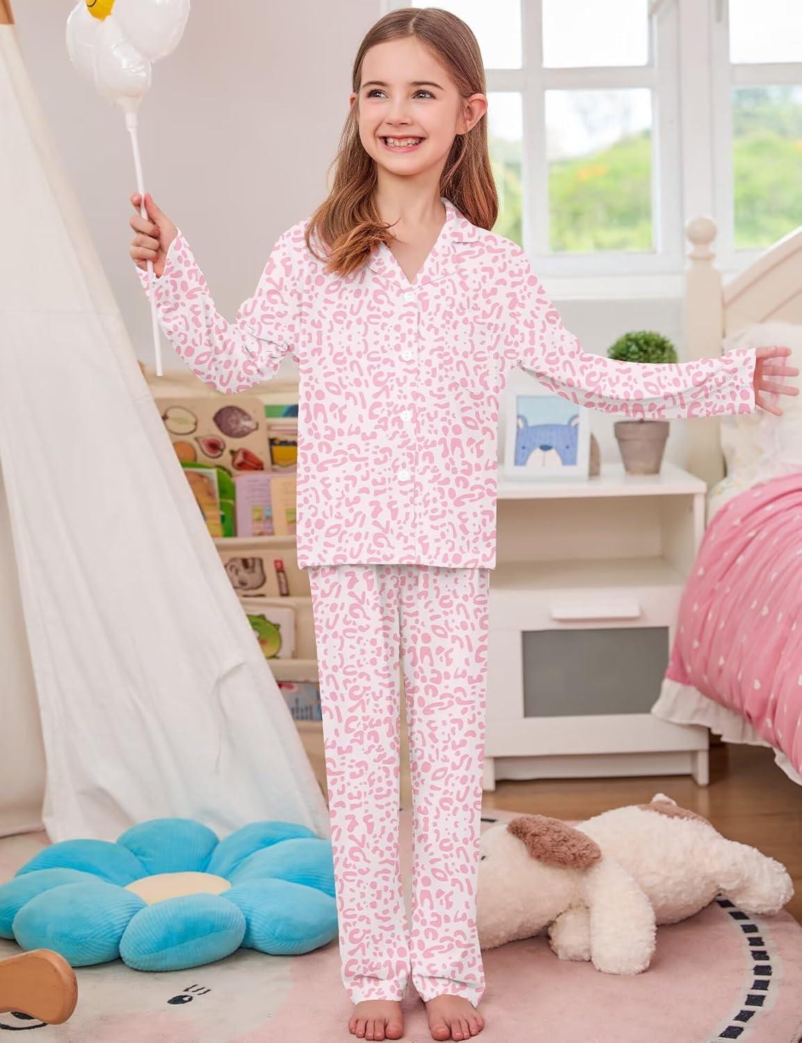 imageSWOMOG Girls Pajamas Set Kids Button Down Cute Print Pjs Sets Pant 2 Piece Soft Long Sleeve Sleepwear LoungewearPink Leopard