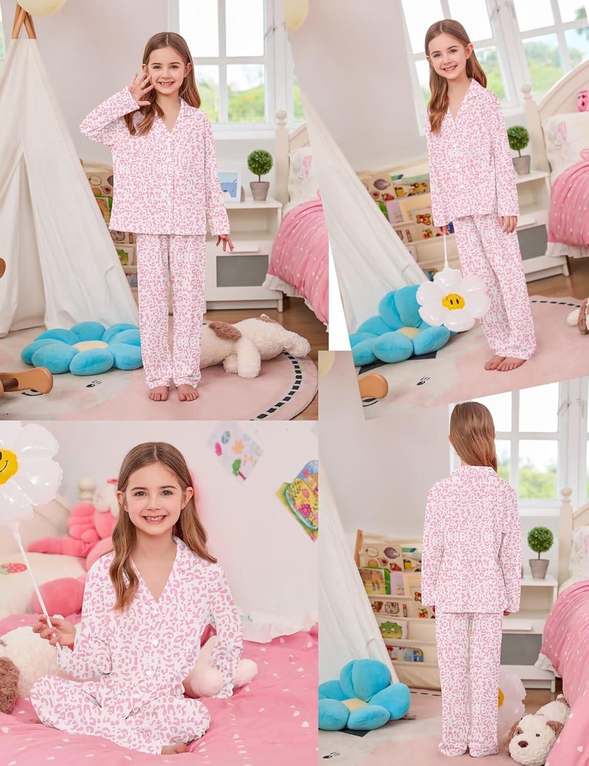 imageSWOMOG Girls Pajamas Set Kids Button Down Cute Print Pjs Sets Pant 2 Piece Soft Long Sleeve Sleepwear LoungewearPink Leopard