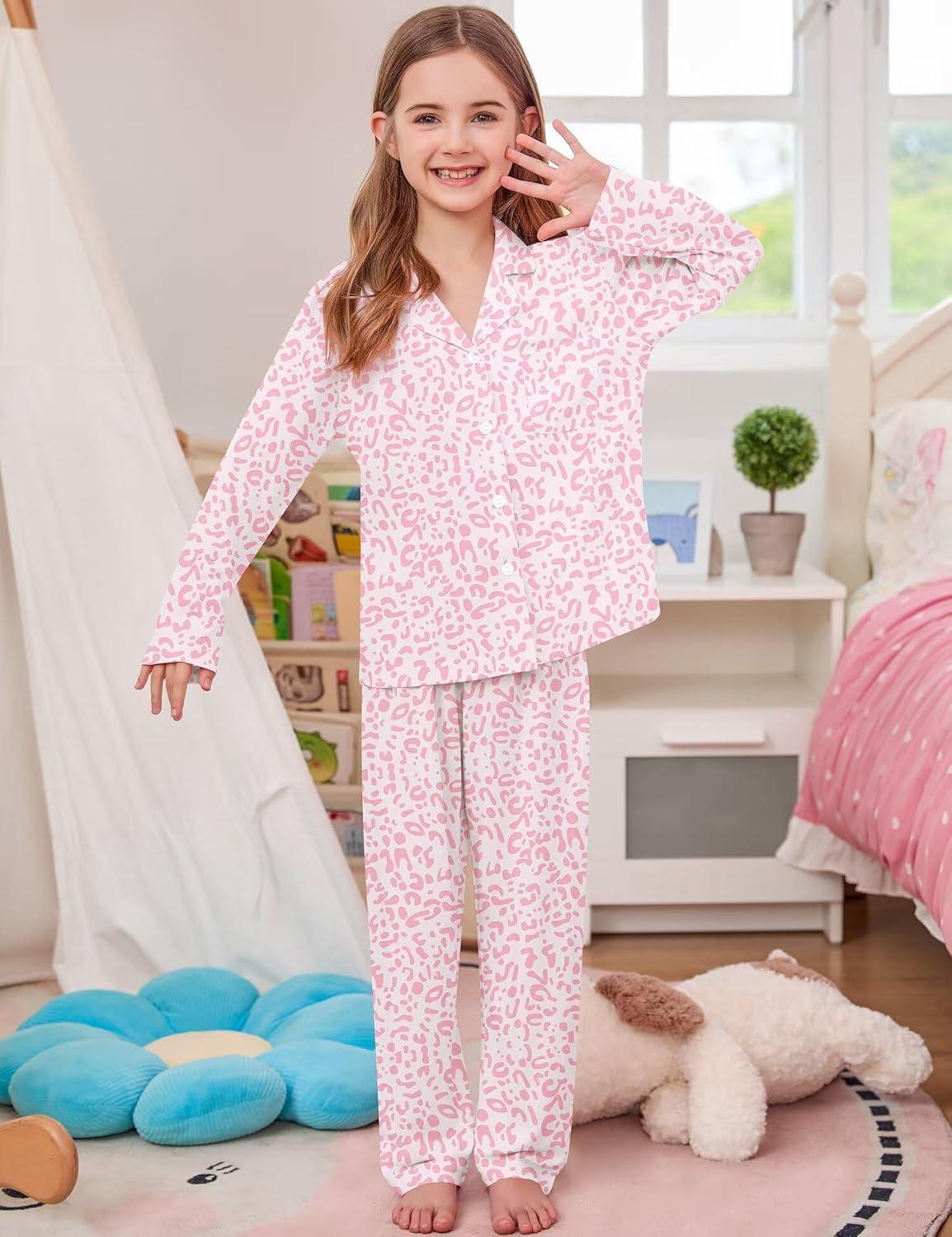 imageSWOMOG Girls Pajamas Set Kids Button Down Cute Print Pjs Sets Pant 2 Piece Soft Long Sleeve Sleepwear LoungewearPink Leopard