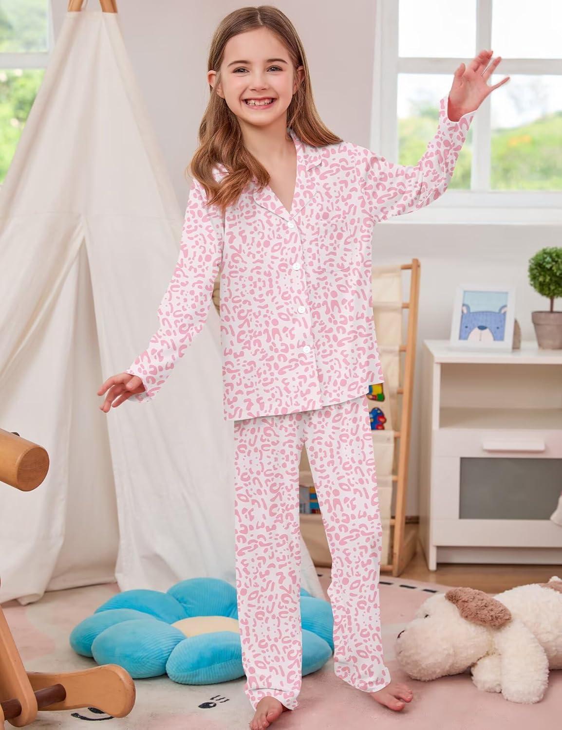 imageSWOMOG Girls Pajamas Set Kids Button Down Cute Print Pjs Sets Pant 2 Piece Soft Long Sleeve Sleepwear LoungewearPink Leopard