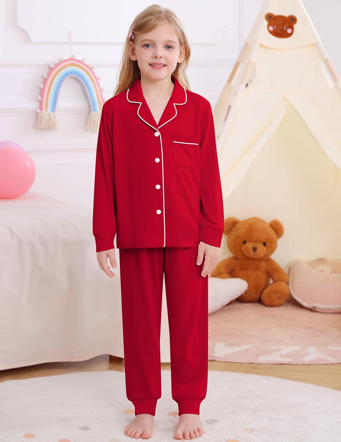 imageSWOMOG Girls Pajamas Set Kids Button Down Cute Print Pjs Sets Pant 2 Piece Soft Long Sleeve Sleepwear LoungewearRed