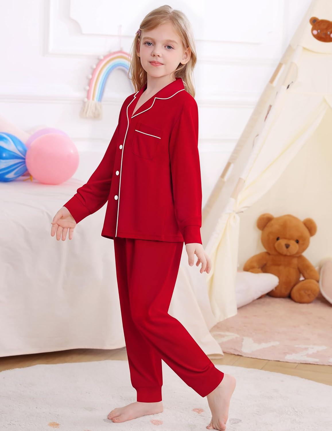 imageSWOMOG Girls Pajamas Set Kids Button Down Cute Print Pjs Sets Pant 2 Piece Soft Long Sleeve Sleepwear LoungewearRed