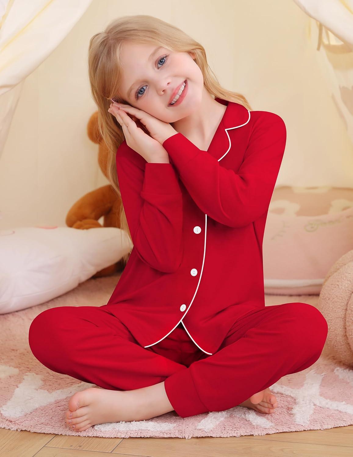 imageSWOMOG Girls Pajamas Set Kids Button Down Cute Print Pjs Sets Pant 2 Piece Soft Long Sleeve Sleepwear LoungewearRed