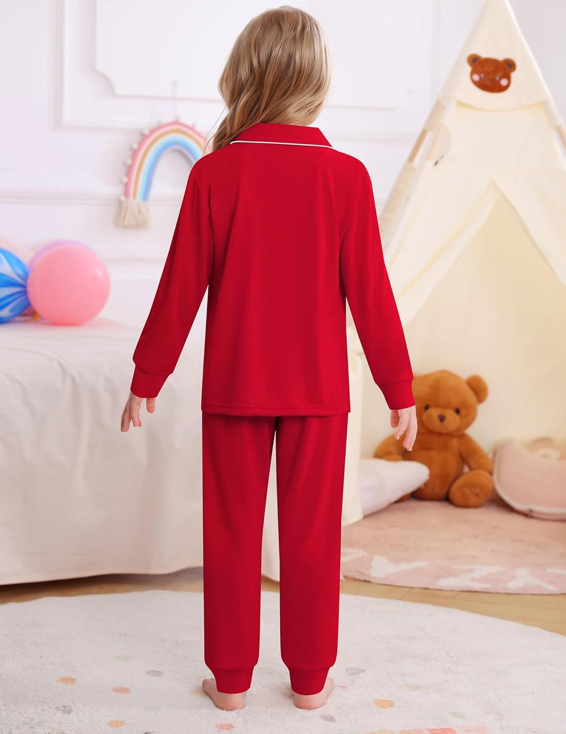 imageSWOMOG Girls Pajamas Set Kids Button Down Cute Print Pjs Sets Pant 2 Piece Soft Long Sleeve Sleepwear LoungewearRed
