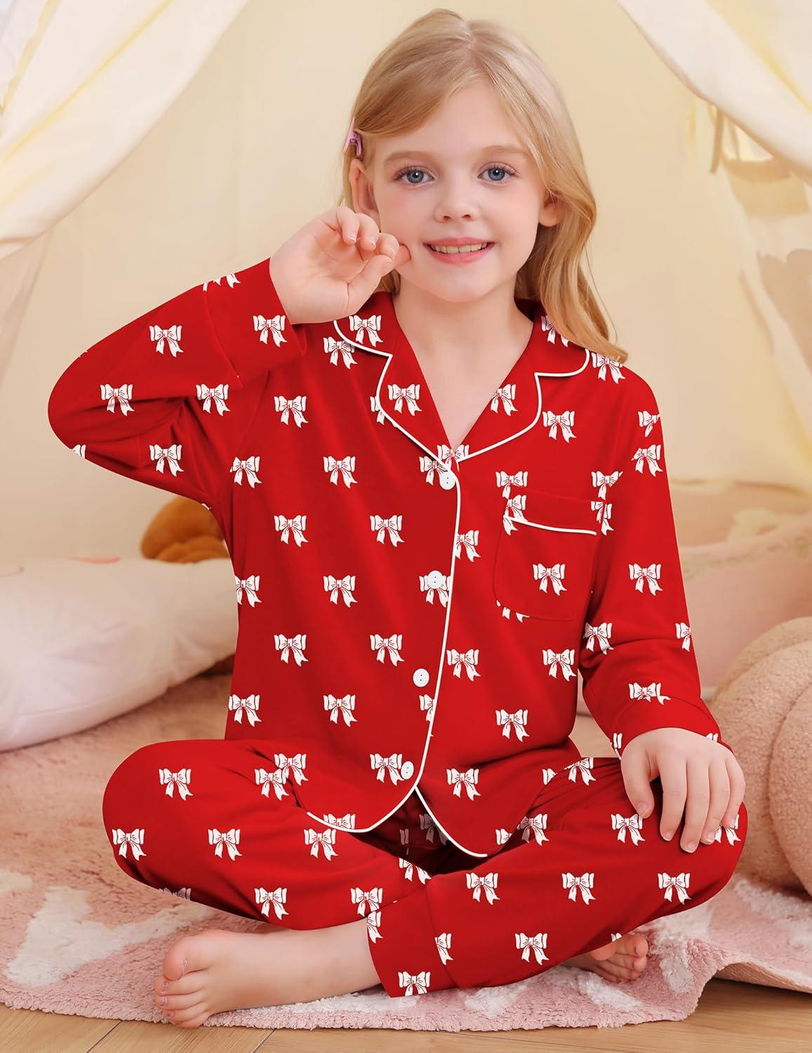 imageSWOMOG Girls Pajamas Set Kids Button Down Cute Print Pjs Sets Pant 2 Piece Soft Long Sleeve Sleepwear LoungewearRed Bow