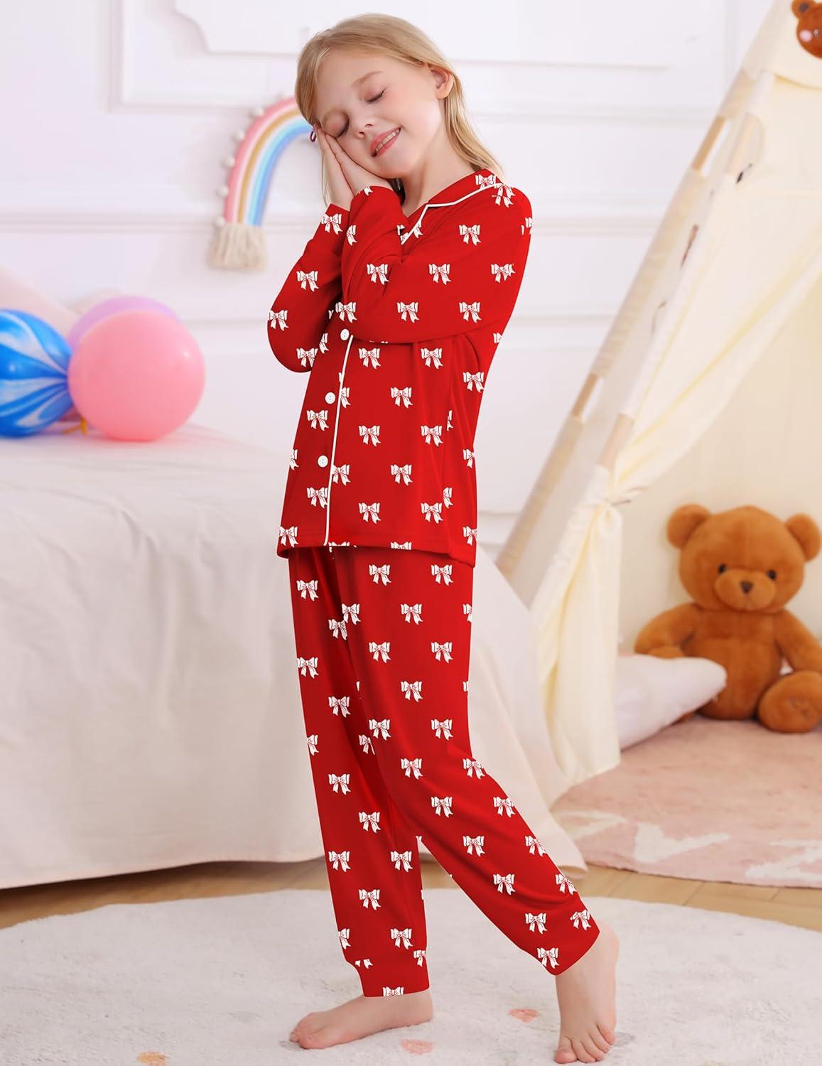 imageSWOMOG Girls Pajamas Set Kids Button Down Cute Print Pjs Sets Pant 2 Piece Soft Long Sleeve Sleepwear LoungewearRed Bow
