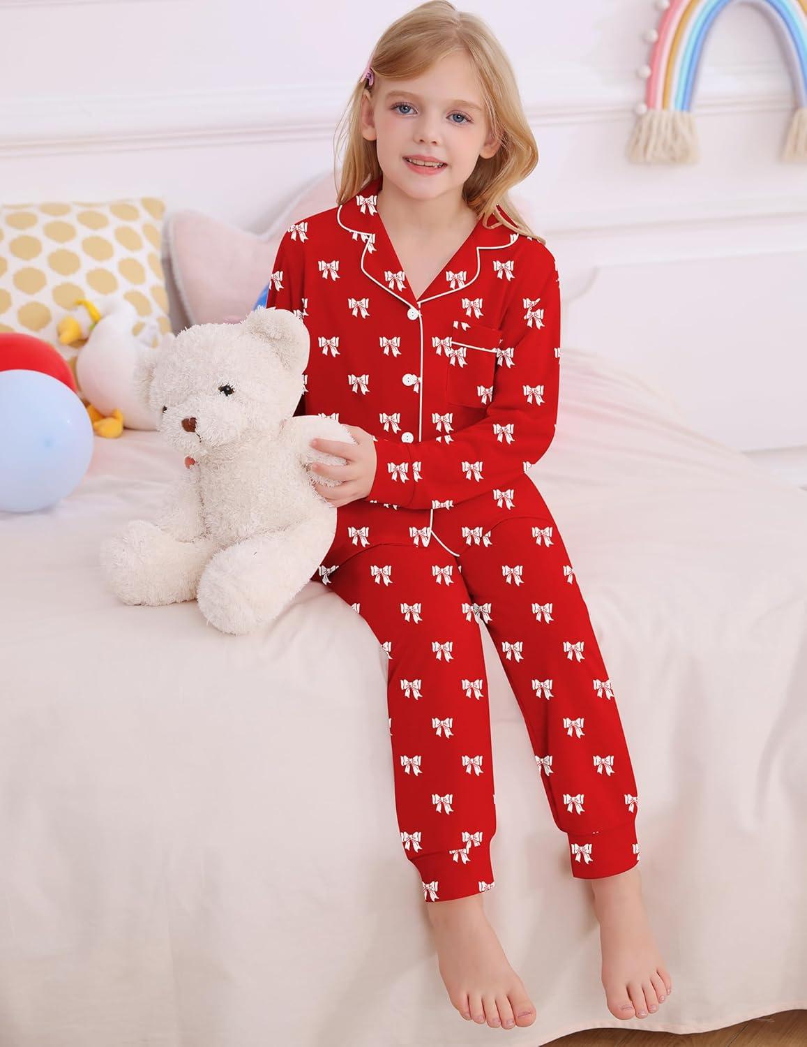 imageSWOMOG Girls Pajamas Set Kids Button Down Cute Print Pjs Sets Pant 2 Piece Soft Long Sleeve Sleepwear LoungewearRed Bow