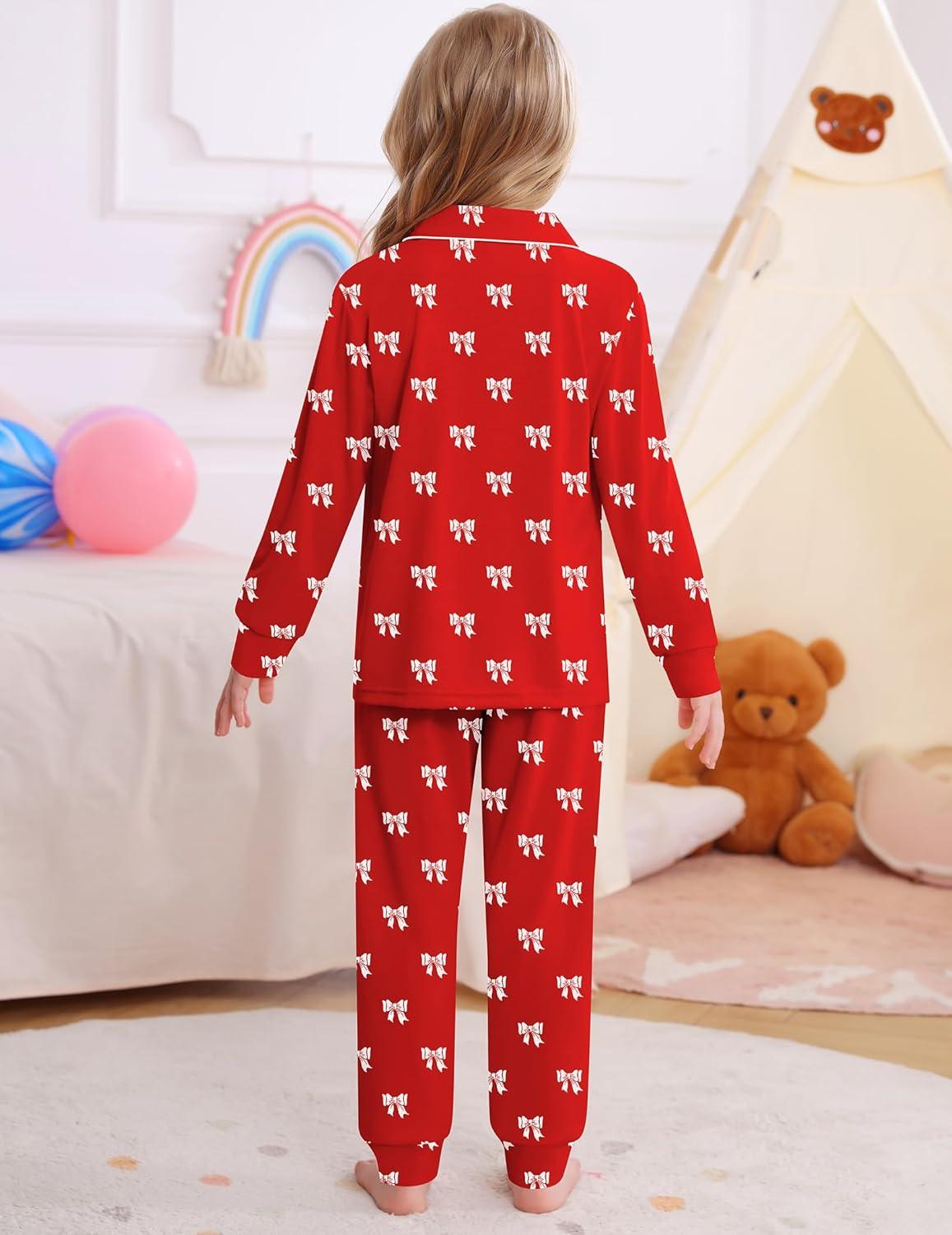 imageSWOMOG Girls Pajamas Set Kids Button Down Cute Print Pjs Sets Pant 2 Piece Soft Long Sleeve Sleepwear LoungewearRed Bow