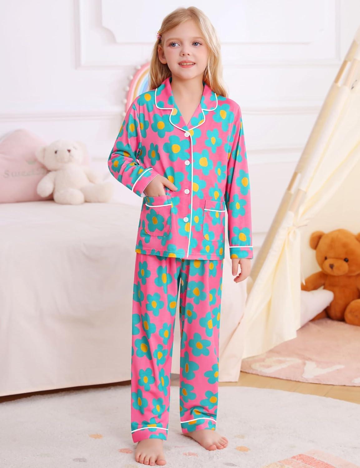 imageSWOMOG Girls Pajamas Set Kids Button Down Cute Print Pjs Sets Pant 2 Piece Soft Long Sleeve Sleepwear LoungewearRose Blue Flower
