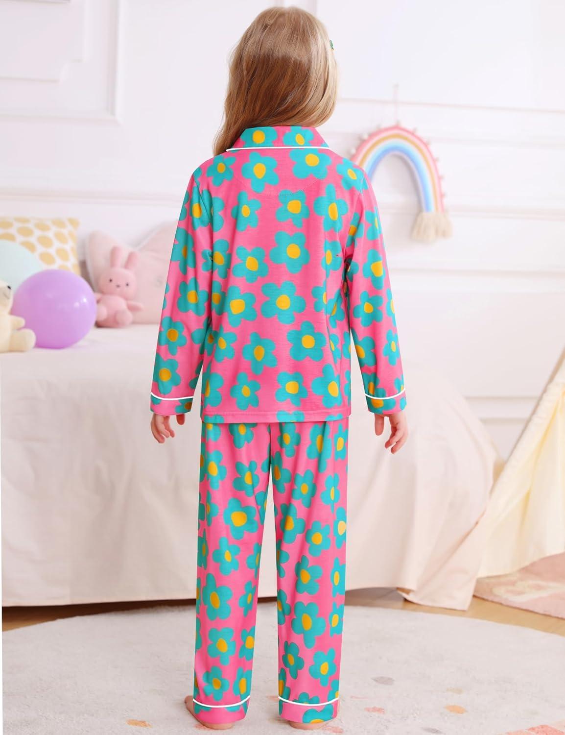 imageSWOMOG Girls Pajamas Set Kids Button Down Cute Print Pjs Sets Pant 2 Piece Soft Long Sleeve Sleepwear LoungewearRose Blue Flower