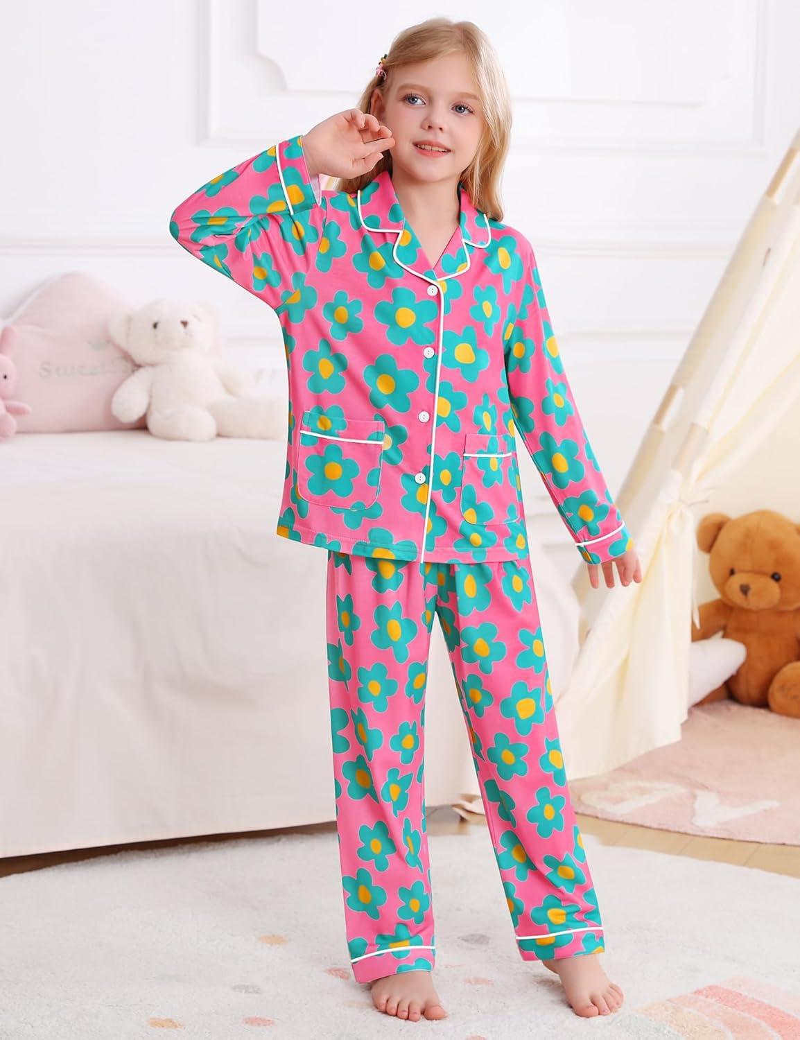 imageSWOMOG Girls Pajamas Set Kids Button Down Cute Print Pjs Sets Pant 2 Piece Soft Long Sleeve Sleepwear LoungewearRose Blue Flower