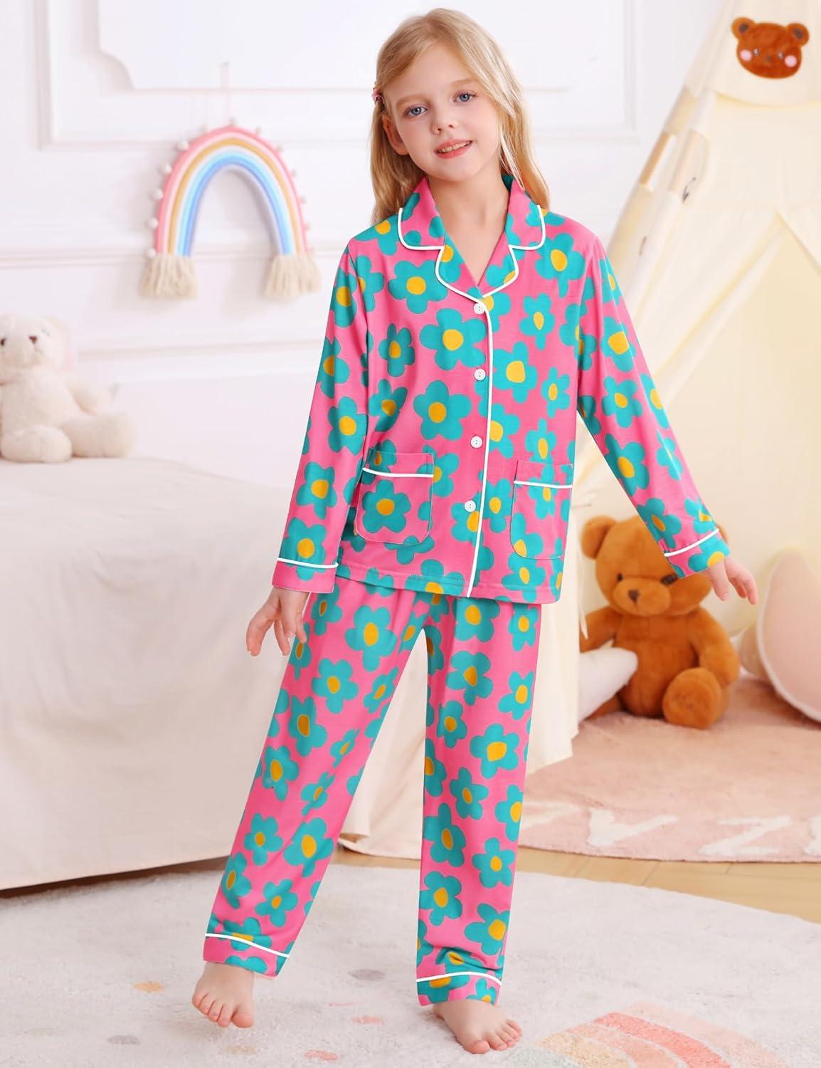 imageSWOMOG Girls Pajamas Set Kids Button Down Cute Print Pjs Sets Pant 2 Piece Soft Long Sleeve Sleepwear LoungewearRose Blue Flower