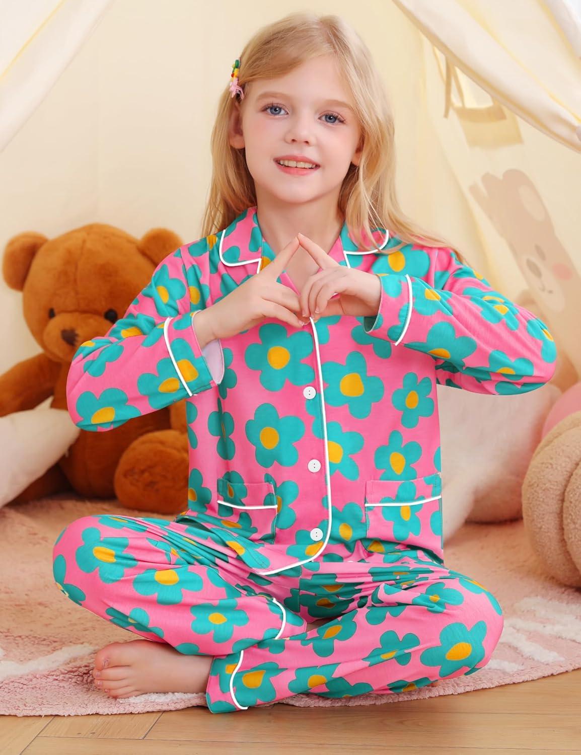 imageSWOMOG Girls Pajamas Set Kids Button Down Cute Print Pjs Sets Pant 2 Piece Soft Long Sleeve Sleepwear LoungewearRose Blue Flower