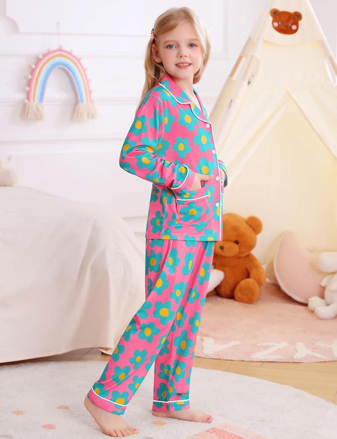 imageSWOMOG Girls Pajamas Set Kids Button Down Cute Print Pjs Sets Pant 2 Piece Soft Long Sleeve Sleepwear LoungewearRose Blue Flower