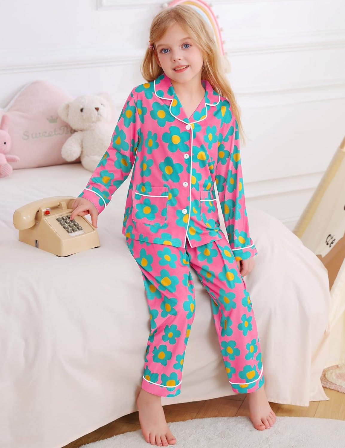 imageSWOMOG Girls Pajamas Set Kids Button Down Cute Print Pjs Sets Pant 2 Piece Soft Long Sleeve Sleepwear LoungewearRose Blue Flower