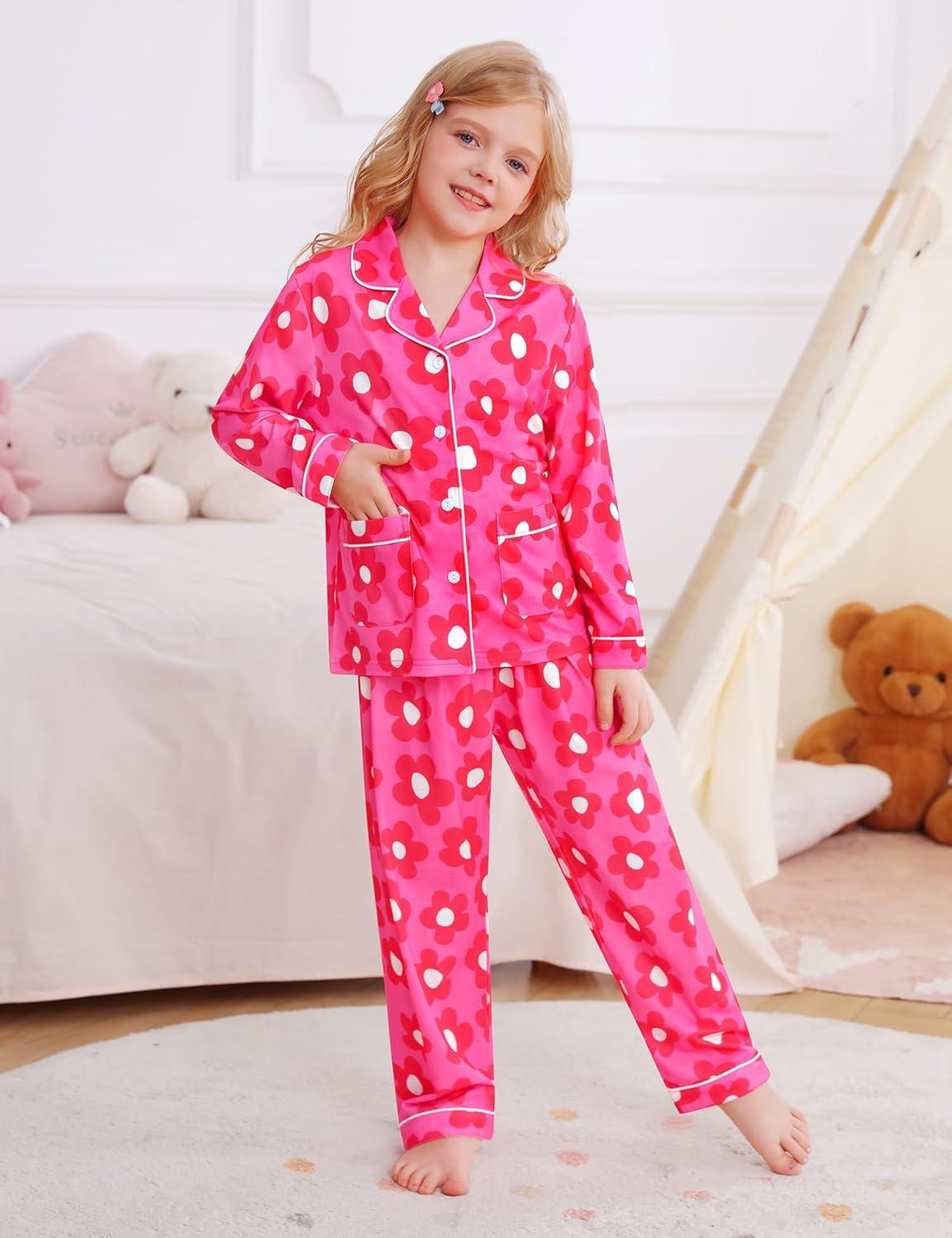 imageSWOMOG Girls Pajamas Set Kids Button Down Cute Print Pjs Sets Pant 2 Piece Soft Long Sleeve Sleepwear LoungewearRose Flower