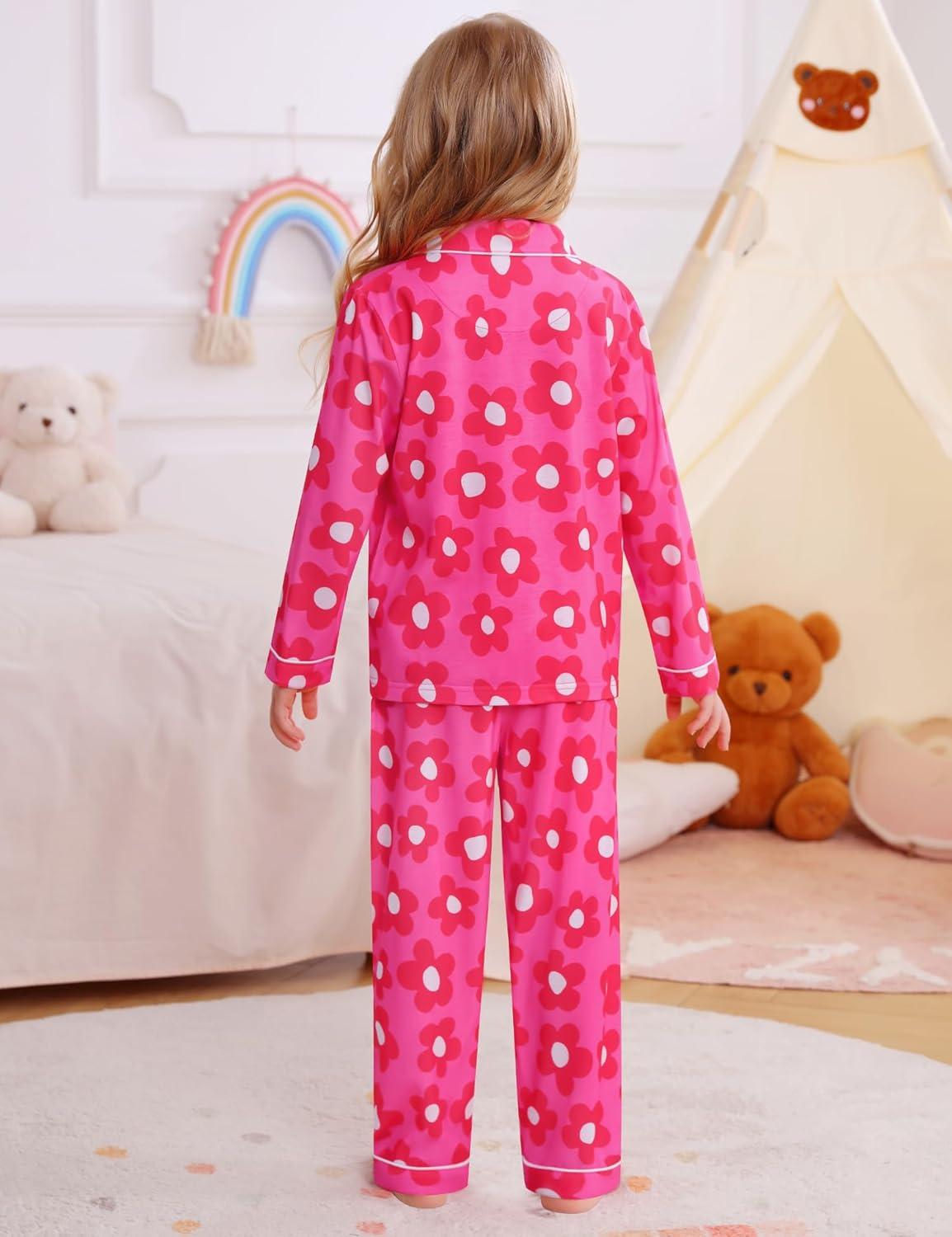 imageSWOMOG Girls Pajamas Set Kids Button Down Cute Print Pjs Sets Pant 2 Piece Soft Long Sleeve Sleepwear LoungewearRose Flower
