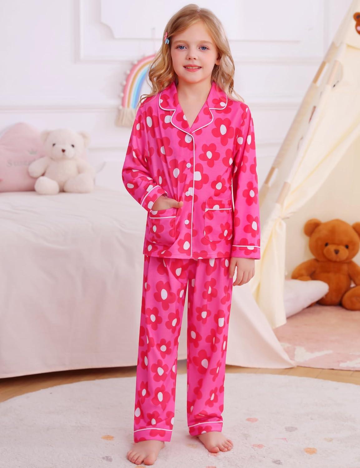 imageSWOMOG Girls Pajamas Set Kids Button Down Cute Print Pjs Sets Pant 2 Piece Soft Long Sleeve Sleepwear LoungewearRose Flower