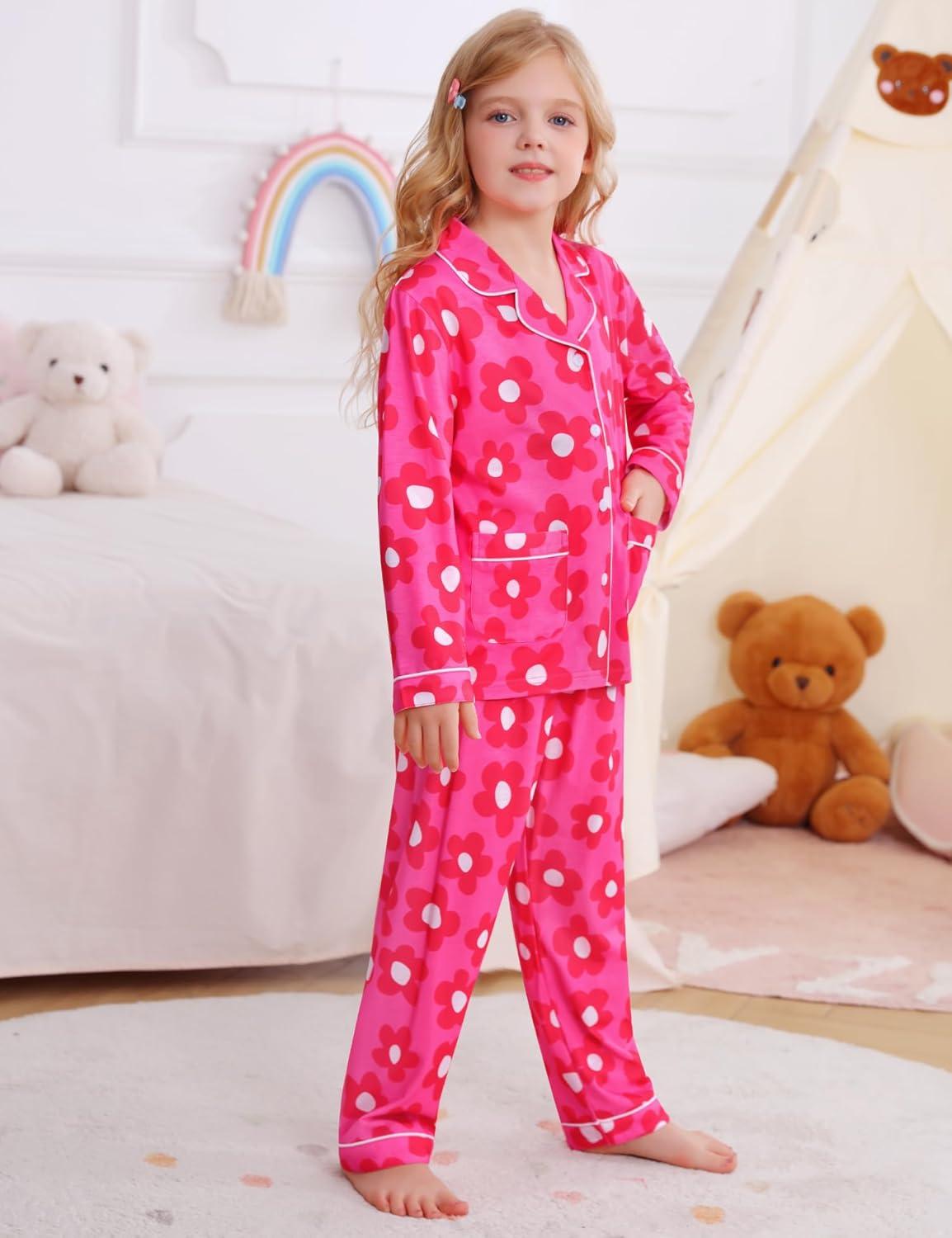 imageSWOMOG Girls Pajamas Set Kids Button Down Cute Print Pjs Sets Pant 2 Piece Soft Long Sleeve Sleepwear LoungewearRose Flower