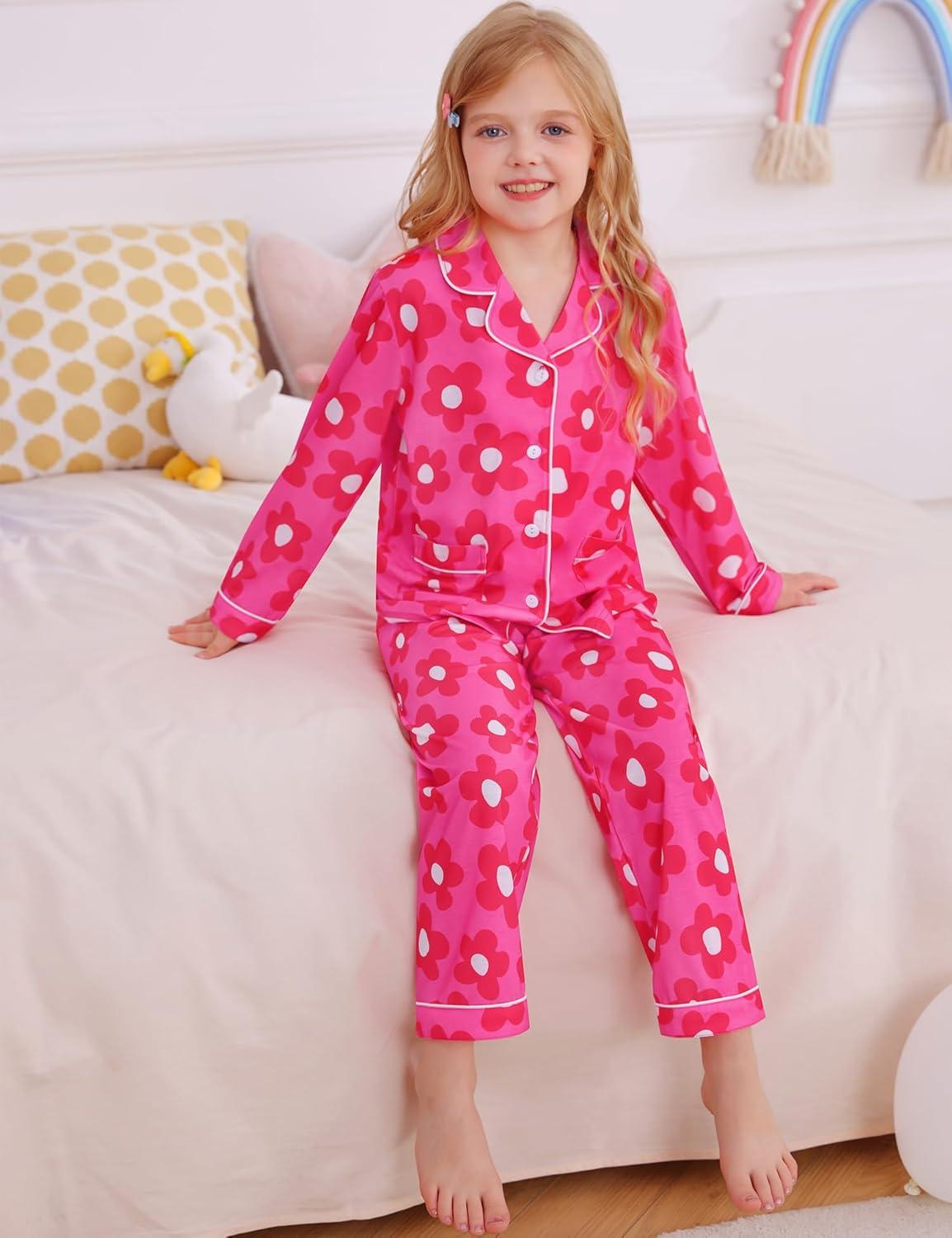 imageSWOMOG Girls Pajamas Set Kids Button Down Cute Print Pjs Sets Pant 2 Piece Soft Long Sleeve Sleepwear LoungewearRose Flower